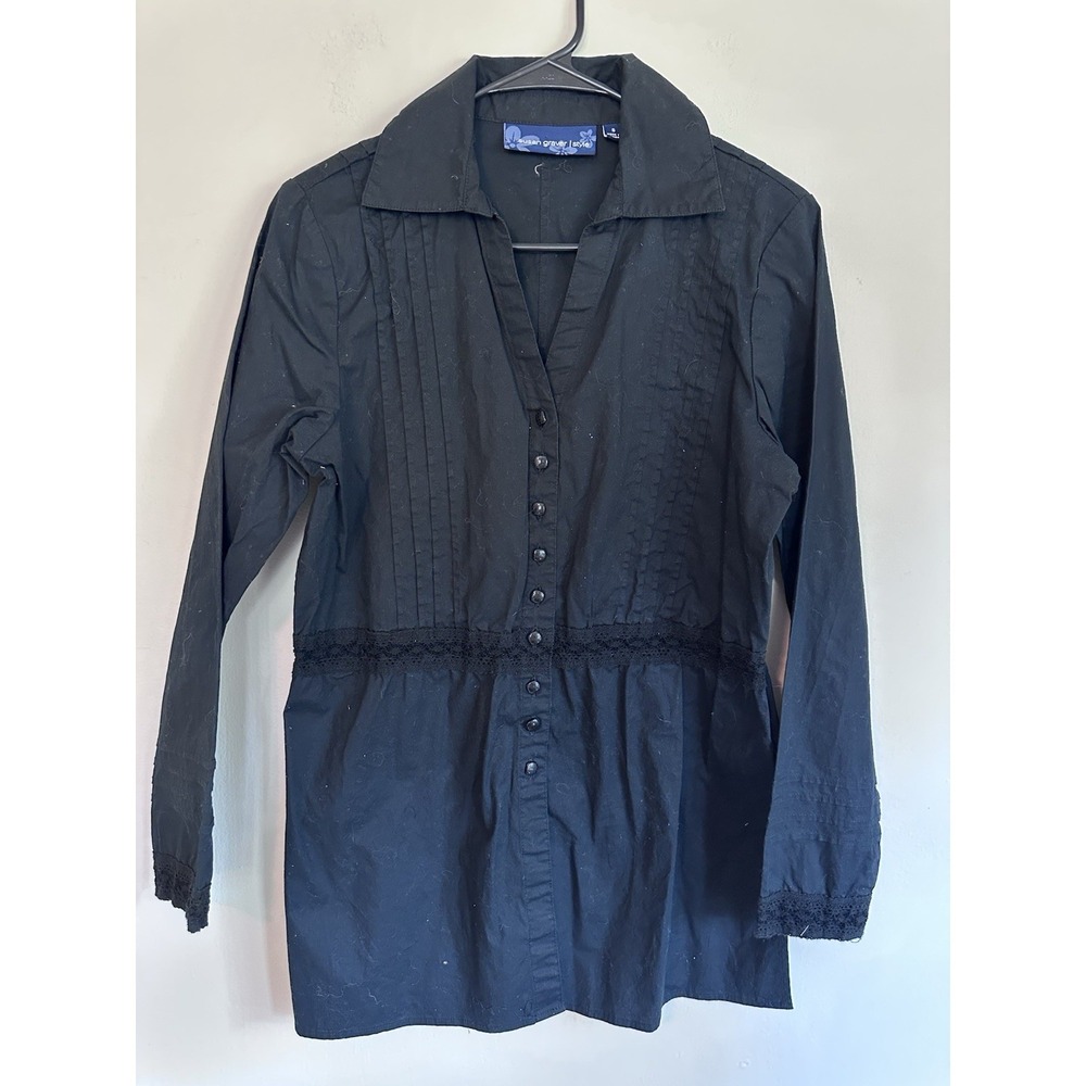 VTG Late 90s Susan Graver Style Grunge Black Baby Doll Button Down Shirt SMALL